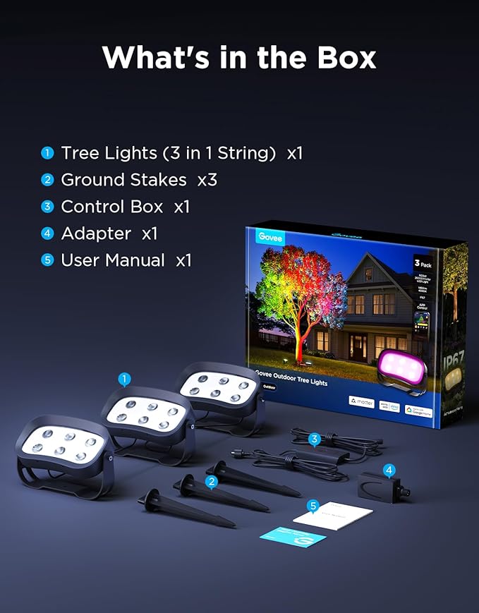 Govee Outdoor Tree Lights 3-Pack, RGBWIC LED Landscape Lighting, Outdoor Lights for Yard Garden Patio, 66 Scene Modes for Holiday Party and Event, App Control, Google Assistant, Matter