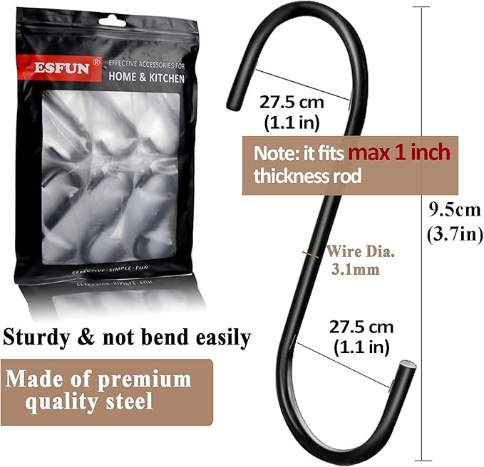 30 Pack 3.7 inch Length S Hooks Black Steel S Shaped Hooks for Hanging Jeans Pans Pots Plants Bags Towels Kitchen Closet Hooks Hanger, Fit The Rod Dia Less than1 inches