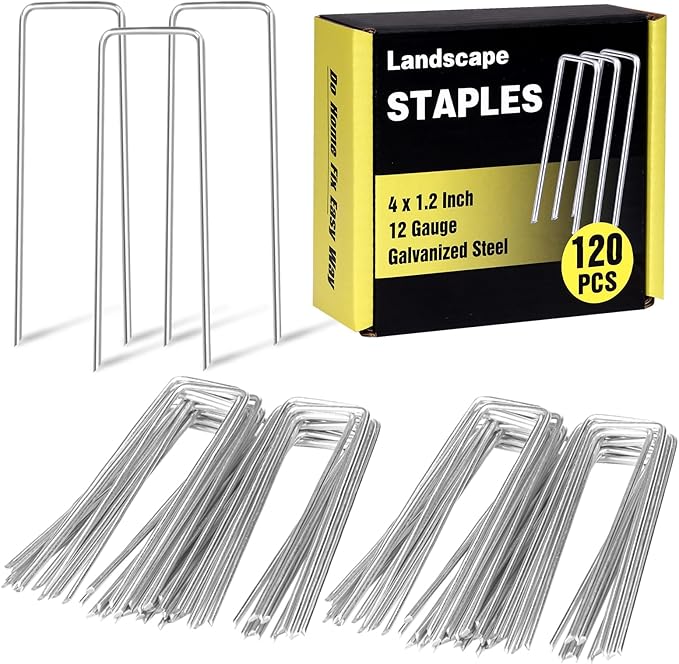 HongWay 120 Pack 4 Inch Landscape Garden Staples, Garden Stakes Galvanized 12 Gauge SOD Ground Stakes Landscaping Fabric Pins Yard Staples for Lawn Turf Hose Irrigation Tubing