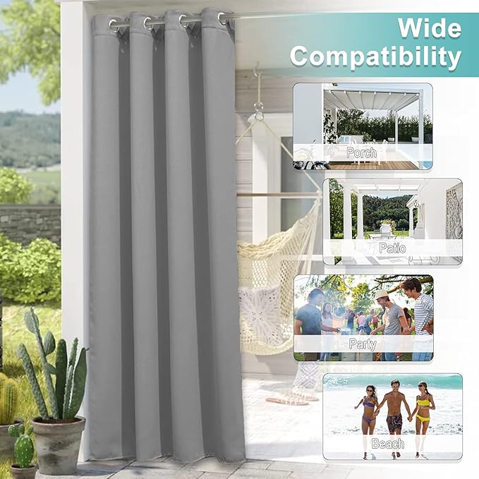 NICETOWN Patio Outdoor Curtain Waterproof Weighted Extra Wide, Grommet Vertical Blinds Thermal Insulated Blackout Outdoor Drape for Gazebo, Silver Grey, 1 Panel, 120" Wide by 95" Long