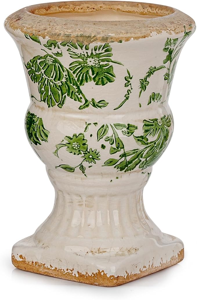 Sungmor Small Ceramic Urn Planter - Green Scroll Floral Pedestal Flower Pot, Decorative Vintage Chinoiserie Style Planters, Tuscan Accent Vase Indoor Outdoor Plant Holder with Drainage