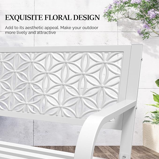 VINGLI 50" Outdoor Bench Metal with Floral Back, Garden Bench Front Porch Bench for Yard Patio Entryway Park Outside, 800lb Capacity - White