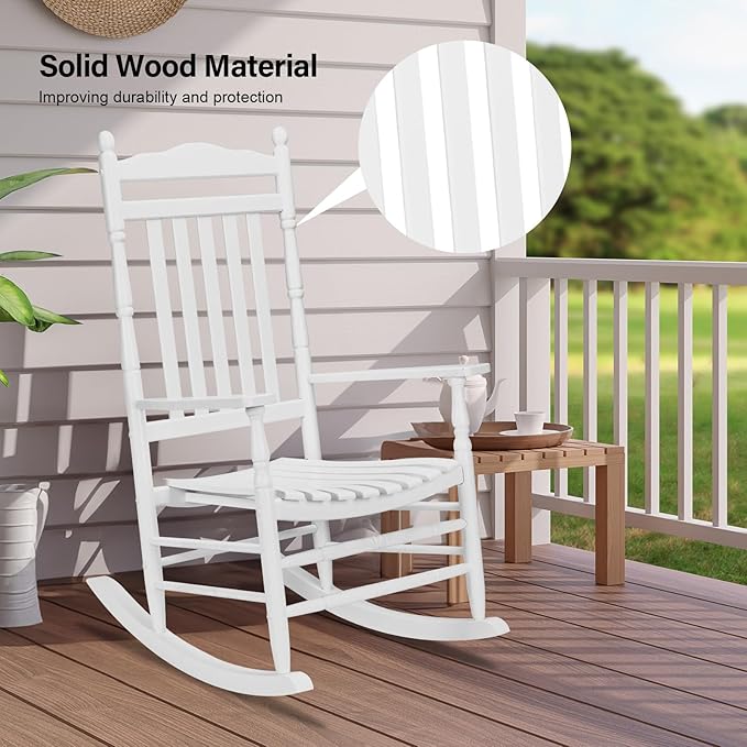 VINGLI Wooden Rocking Chair, Outdoor Chair with 450 lbs Support, Relaxing Rocker with Solid Wood High Back Seat Reclining Seat for Deck, Garden, Backyard, Porch, Indoor or Outdoor Use (White, 2PCS)
