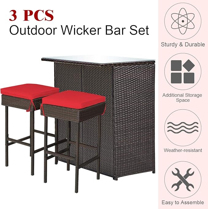 Tangkula Patio Bar Set, 3 Piece Outdoor Rattan Wicker Bar Set with 2 Cushions Stools & Glass Top Table, Outdoor Furniture Set for Patios Backyards Porches Gardens Poolside (Red)