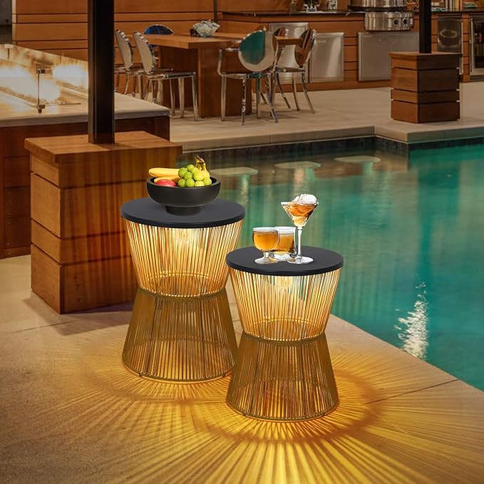 HMVPL Solar Outdoor Side Table with Dimmable Light, Patio Side Tables for Outside, Round Outdoor End Tables Set of 2, Plastic Rattan Patio End Accent Table for Poolside Backyard Gazebo, Dusk to Dawn