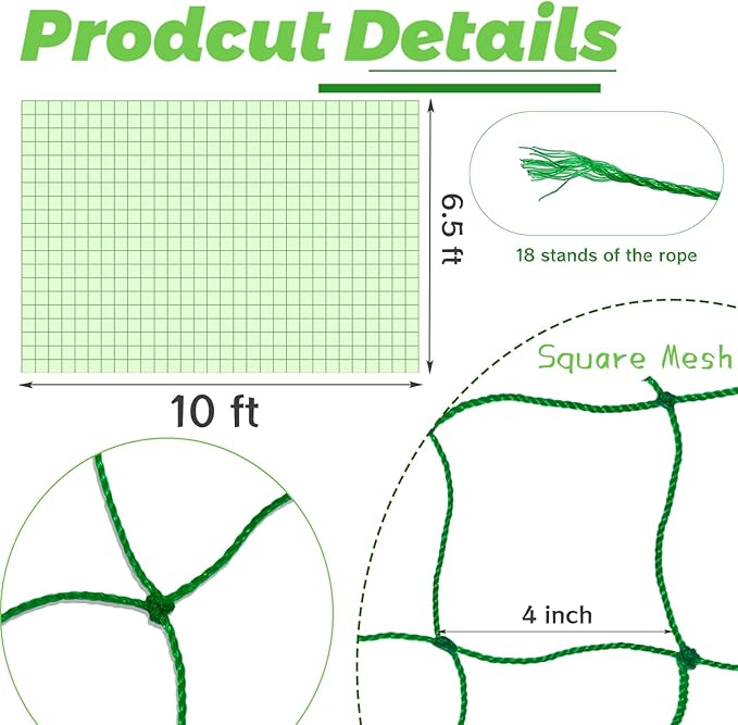 6.5x10FT Plant Trellis Netting,Garden Climbing Grow Net Heavy Duty Polyester Square Mesh Nets for Vining Plant,Tomato,Cucumber,Grape,Fruits,Vegetable