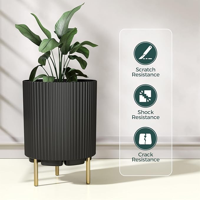 FONTOI 20.3'' Front Porch Planter Stand, Round Plant Stand for Porch, Plastic Striped Planter Stand with 3 Holder, Outdoor Flower Pots Stand for Tall Plants, Porch Decor, Black