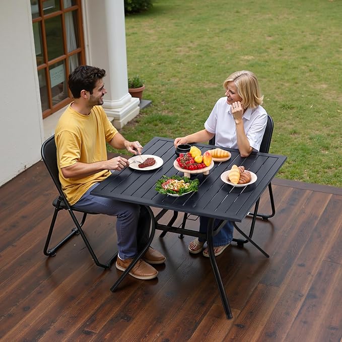 VEVOR Outdoor Patio Dining Table, 37 inch Square Metal Steel Slat Backyard Bistro Tables, with 1.5 in Umbrella Hole, Outside All-Weather Large Furniture for Lawn Garden Porch, Black
