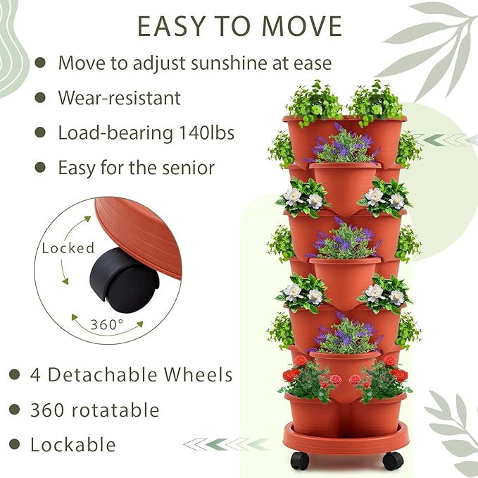 Umigy 2 Set Clay Red 7 Tier Stackable Vertical Planters with Removable Wheels and Tools Tower Planters Strawberry Herb Flower Vegetable Pots Indoor Outdoor Gardening Pots