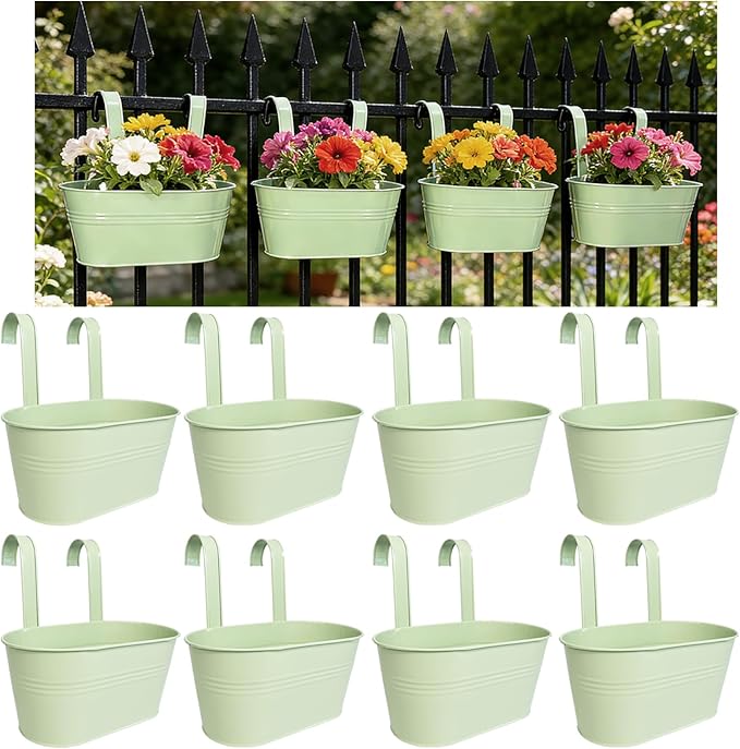 Balcony Hanging Planters Flower Pots, 10" Metal Flower Pots for Outdoor Balcony Rails, Fence Pot Hanging Plant Holders with Detachable Hooks for Garden Patio Yard Decor (Mint Green, 8Pcs)