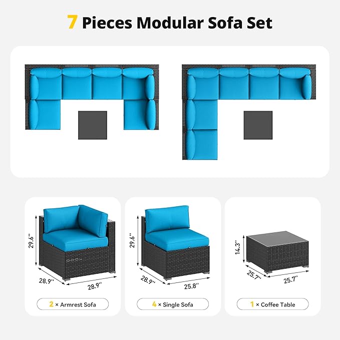 Aoxun Patio Furniture Set, 7 Piece Outdoor Sectional Sofas with Waterproof Cover, Wicker Rattan Outdoor Furniture Patio Conversation Set for Backyard, Garden Peacock Blue