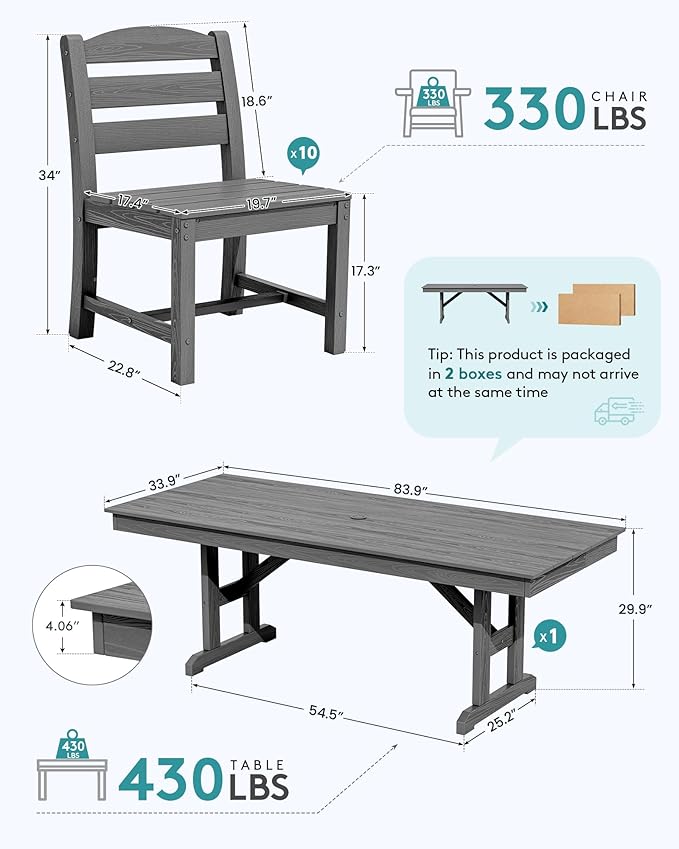 SERWALL 11 Piece Outdoor Dining Set, 84" HDPE Outdoor Table and Chairs for 10，All Weather Patio Furniture Set with Umbrella Hole for Backyard, Garden, Gray