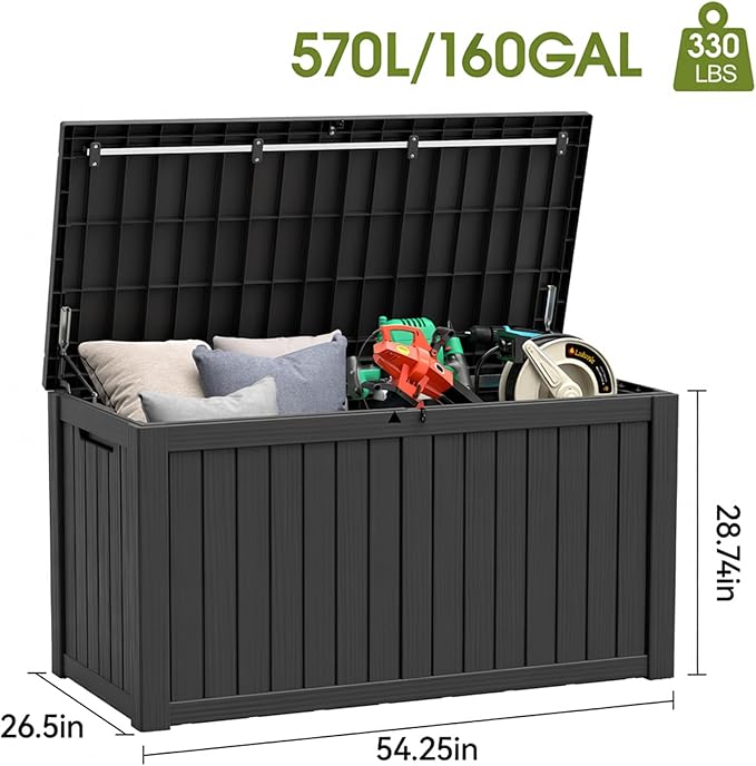 Outdoor Storage Box, Resin Deck Boxes Indoor and outdoor, Waterproof Storage Box Lockable Lid (Black, 160 Gallon)
