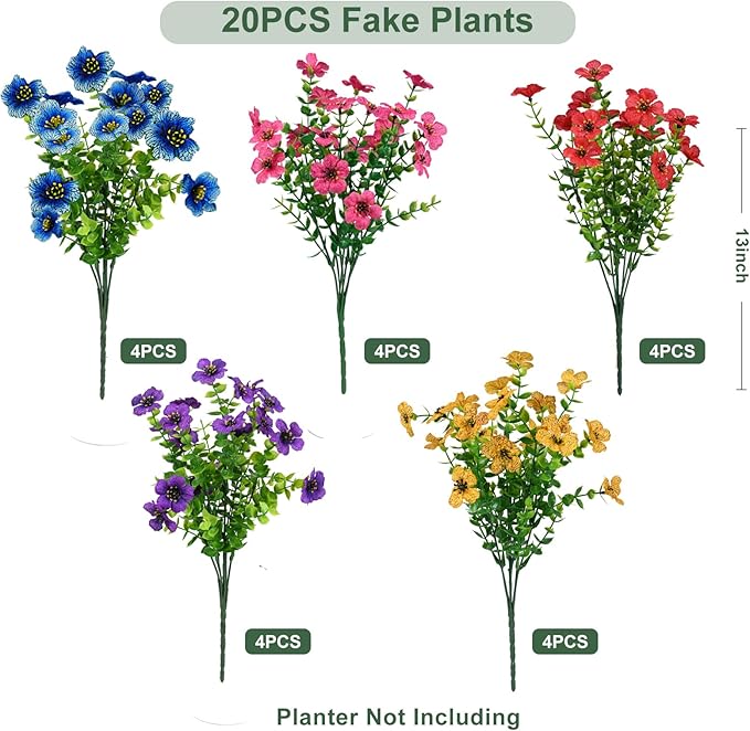 Artificial Flowers for Outdoor, UV Resistant Fake Silk Flowers, Realistic Faux Plants for Outside Indoor Porch Patio Window Box Planter Home Decor (20, Yellow Purple Rosy Red Blue)