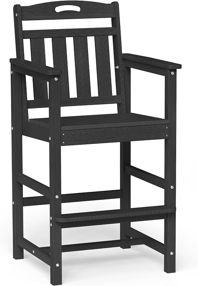 Ciokea Heavy Duty Bar Height Chair, 380lbs Outdoor Adirondack Tall Bar Chair Patio Stool with Arms & High Back, Heavy Duty All-Weather for Balcony, Poolside, Deck and Garden, Black