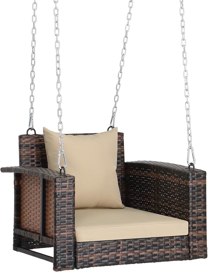 Outvita Porch Swing, 2FT Hanging Outdoor Porch Swings for Adults, Square Wicker 1 Person Patio Swing, with Cushion, Pillow and Chain for Garden, Backyard, Weight Capacity - 440lbs Brown & Khaki