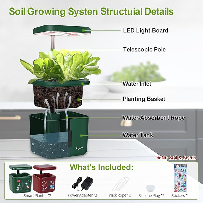2-Pack Indoor Planting System Smart Soil Growing Kit with 17-W LED Grow Light Automatic Timed Watering Planters Gift for Friends/Women (No Seeds&Soil)
