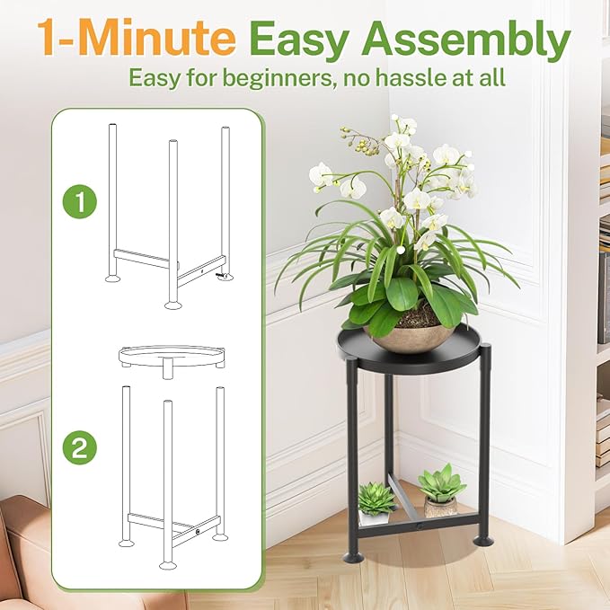 iDavosic.ly 1 Tier Corner Plant Stand Indoor, 16 Inch Tall Vertical Metal Flower Heavy Duty Pot Holder Shelf Outdoor for Patio Porch Living Room, Modern Black