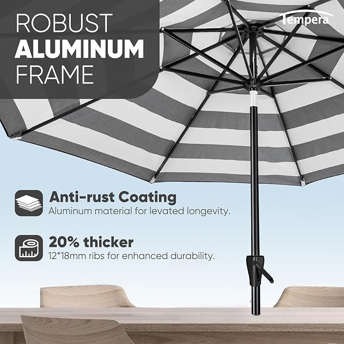 Tempera Patio Market Outdoor Table Umbrella with Auto Tilt and Crank, Large Sun Umbrella with Sturdy Pole & Fade Resistant Canopy, Easy to Set