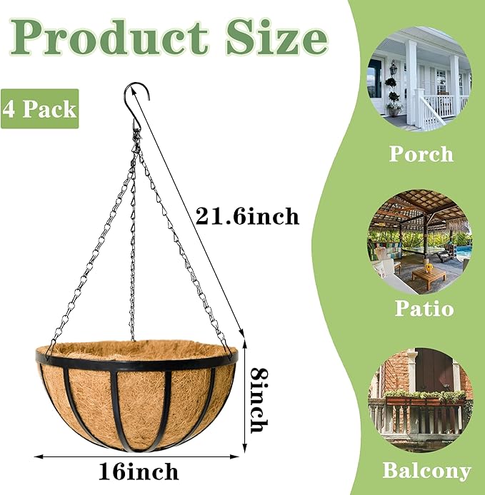 Black Flat Iron Metal Hanging Planter Basket with Coco Coir Liner(4 Pack, 16 Inch) Hanging Planters for Outdoor Plants Round Plant Flower Pots Hanging Flower Basket for Outdoor Patio Garden Decoration