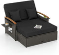 Tangkula Patio Rattan Daybed with 4-Level Adjustable Backrest, Outdoor Wicker Loveseat with Acacia Wood Armrest, Storage Ottoman & Folding Tray, Double Sunbed for Balcony, Backyard & Poolside (Black)