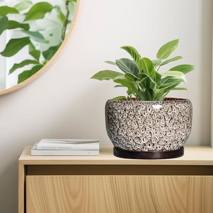 SQOWL Ceramic Plant Pots - 10 Inch Planter for Indoor Plants Outdoor, Large Flower Pots with Drainage Hole and Saucer, Decorative Round Planter, Apartment Decor, Garden Gifts for Women, White
