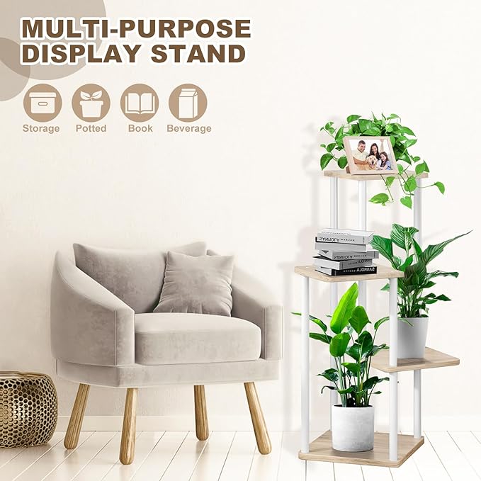4 Tier Plant Stand Indoor, Thickened Metal Wood Corner Plant Shelf Stands for Multiple Plants, Indoor Tall Plants Stand Tiered Flower Holder for Living Room Patio Garden Balcony(White+Oak)