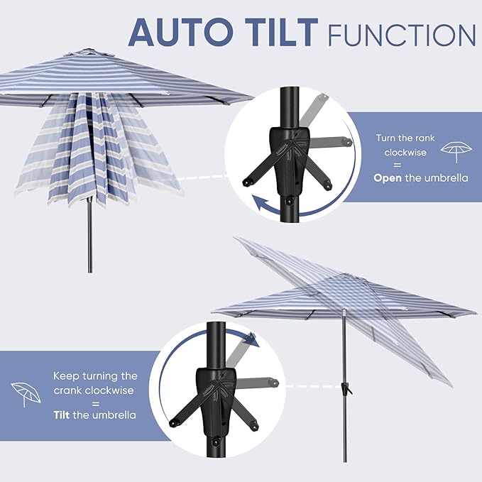 Tempera Patio Market Outdoor Table Umbrella with Auto Tilt and Crank, Large Sun Umbrella with Sturdy Pole & Fade Resistant Canopy, Easy to Set