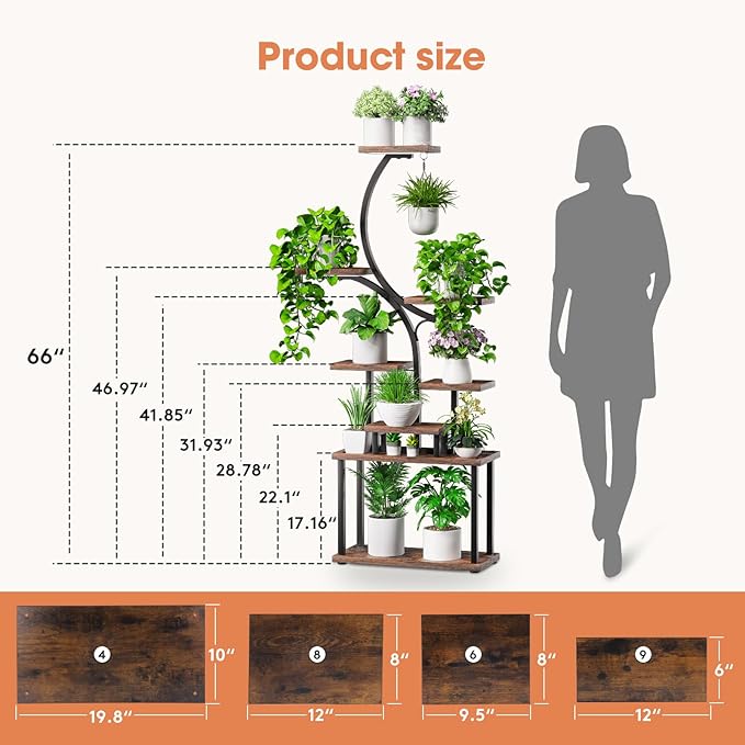Plant Stand Indoor with Grow Light, 8 Tiered 66" Tall Plant Shelf, Corner Large Plant Stand for Indoor Plants Multiple, Metal S-Shaped Plant Flower Holder, for Living Room, Patio, Balcony