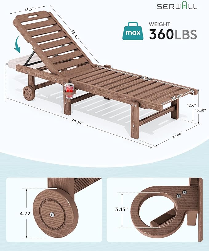 SERWALL Outdoor Chaise Lounge Set of 6, HDPE Pool Lounge Chair with 5-Position Adjustable Backrest, Patio Lounger with Rolling Wheels & Cup Holder for Pool, Brown