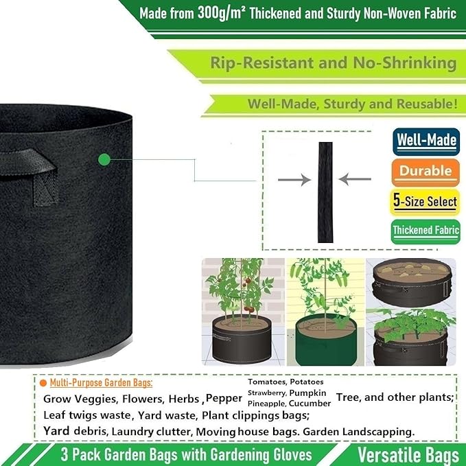 3-Pack 75 Gallon Thickened Plant Grow Bags Large (34x20 in) Heavy Duty Garden Bag Fabric Plant Pots for Tomato,Potato Planter,Herbs Veggies Planting,Flower Pots,Barrel Planter,Leaf Bag,Yard Waste Bags