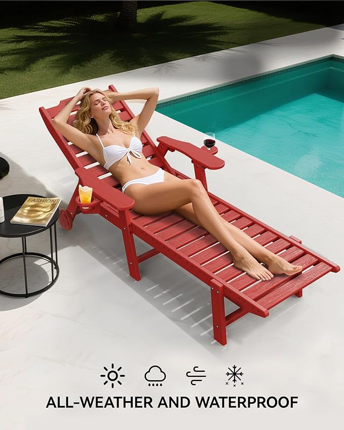 Carauci Lounge Chair Outdoor, HDPE Chaise Lounge with Wheels, 5-Position Adjustable Backrest & 2 Cup Holders Patio Lounge Chair, All-Weather Pool Sun Lounger for Poolside, Backyard, Red