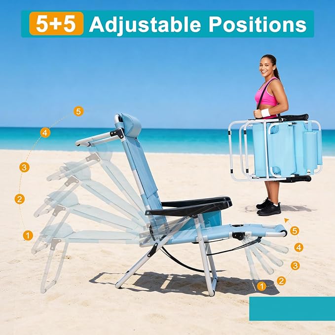 ABORON Tanning Chair with Face Hole, 5-Position Adjustable Reclining Beach Lounge Chair, Folding Face Down Sun Lounger for Beach, Poolside, Patio, Lawn, Home(Sky Blue)