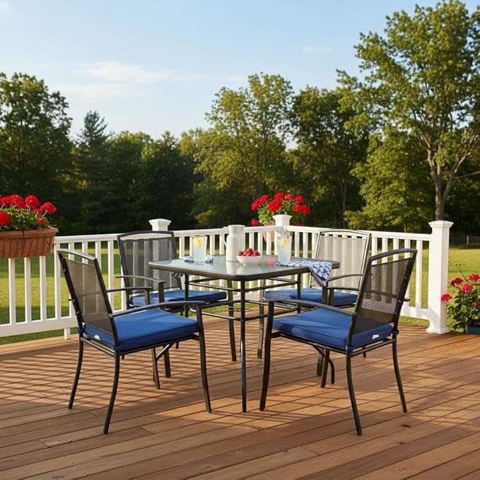 Tangkula 32" Square Outdoor Dining Table with Tempered Glass Top, Outside Bistro Table with 2" Umbrella Hole & Metal Frame, Patio Dining Table for Backyard, Lawn, Deck & Poolside