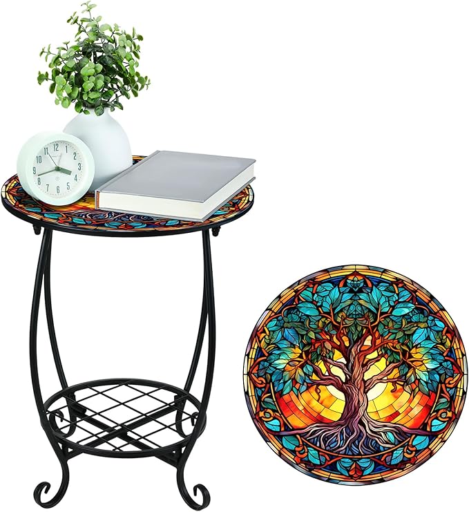 Outdoor Side Table Round Small Mosaic Patio Accent Indoor End Plant Coffee Tea Table for Yard Patio Porch Garden Living Room, Bedroom(Tree Style,14 Inch)