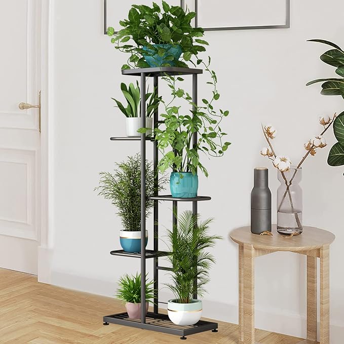 LINZINAR Plant Stand Indoor Outdoor Metal 5 Tier 6 Potted Multiple Flower Pot Holder Shelf Planter Display Shelving Unit for Patio Garden Corner Balcony Living Room (5 Tier 6 Potted, Dark Grey)