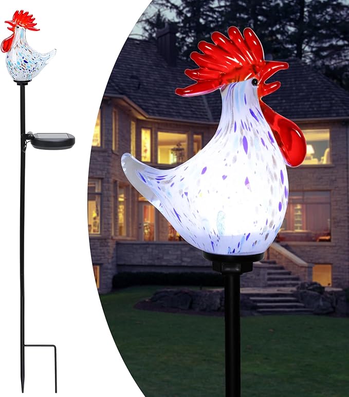 Afirst Decorative Solar Lights Outdoor Solar Rooster Stake Lights Hand Blown Glass Decorative Garden Pathway Lights Outdoor Waterproof Glass Stakes