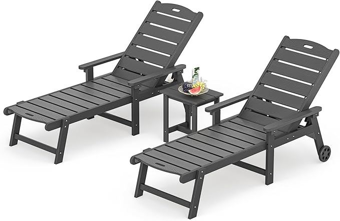LUE BONA Chaise Lounge Chair with Table, 3-Piece, HDPS Chaise Lounger, 5 Positions Adjustable Lounge Chairs, Pool Lounge Chair with Wheels for Poolside, Backyard, Dark Gray