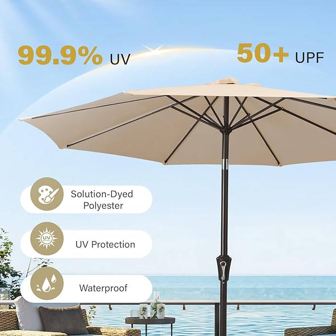 MEWAY 9ft Patio Umbrella Outdoor Table Umbrellas with Push Button Tilt and Crank, Market Umbrella 8 Sturdy Ribs for Deck, Garden, Pool and Backyard, Cream Beige