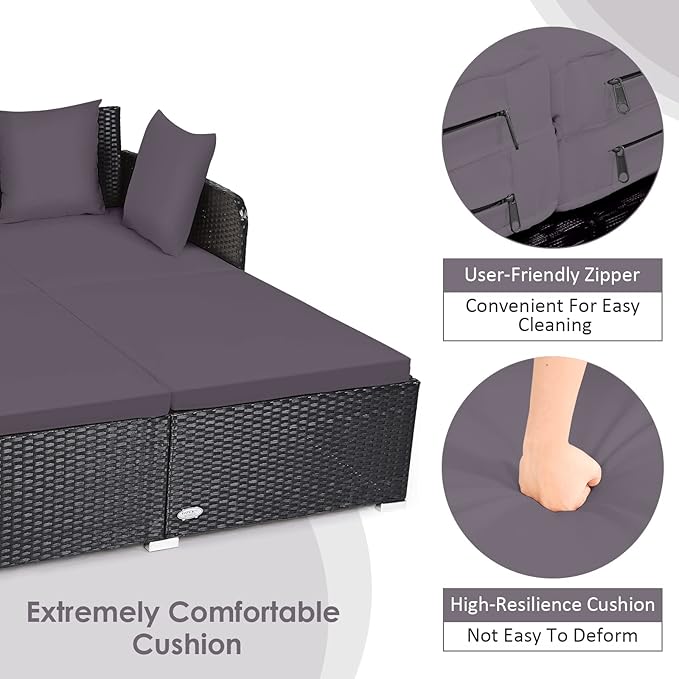 COSTWAY Outdoor Patio Rattan Daybed, Sponge Cushioned Loveseat Sofa with 4 Pillows, Wicker Furniture Sunbed for Balcony, Courtyard (Grey)
