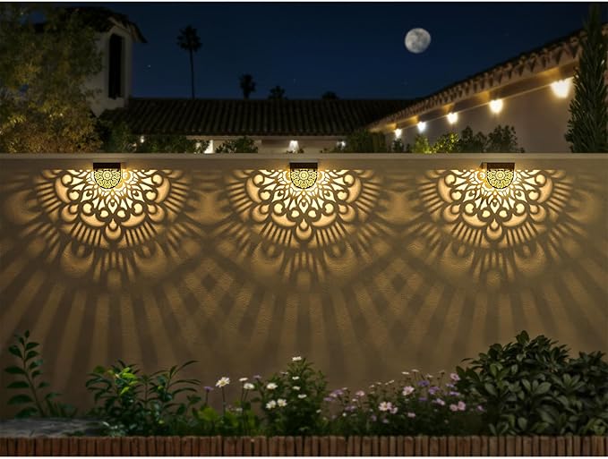 6 Pack Solar Fence Lights Outdoor Wall Lights Gold Plastic Solar Powered Deck Step Stair Lights Mandala Theme Waterproof Fence Solar Light for Garden Post Patio Backyard Yard Decor