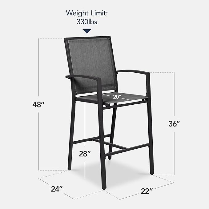 Best Choice Products Outdoor Bar Stools Set of 2, Bar Height, Patio Furniture, All Weather Mesh Design w/Armrest - Black /Black