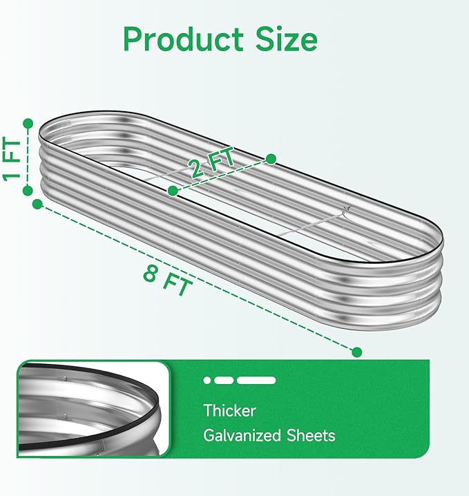 GreatBuddy Galvanized Raised Garden Bed 8×2×1ft, Easy Assembly Outdoor Metal Planter Boxes for Vegetables, Flower, Herb, Anti-Rust& Weather-Resistant, Oval, Silver