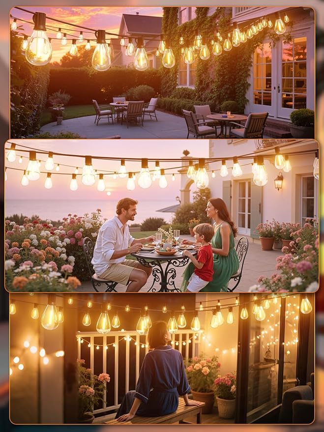 luckystyle 50FT LED Outdoor String Lights with Remote,16+1 Shatterproof Bulbs Waterproof and Dimmable Patio Lights for Porch, Garden, Backyard, Deck, Balcony, 2200K, Hanging Lighting