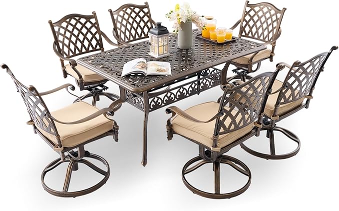7-Piece Cast Aluminum Patio Furniture, Patio Dining Set for 6 Include 59" Rectangular Outdoor Dining Table and 6 Swivel Chairs with Cushions & Umbrella Hole(Bronze)