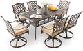 7-Piece Cast Aluminum Patio Furniture, Patio Dining Set for 6 Include 59" Rectangular Outdoor Dining Table and 6 Swivel Chairs with Cushions & Umbrella Hole(Bronze)