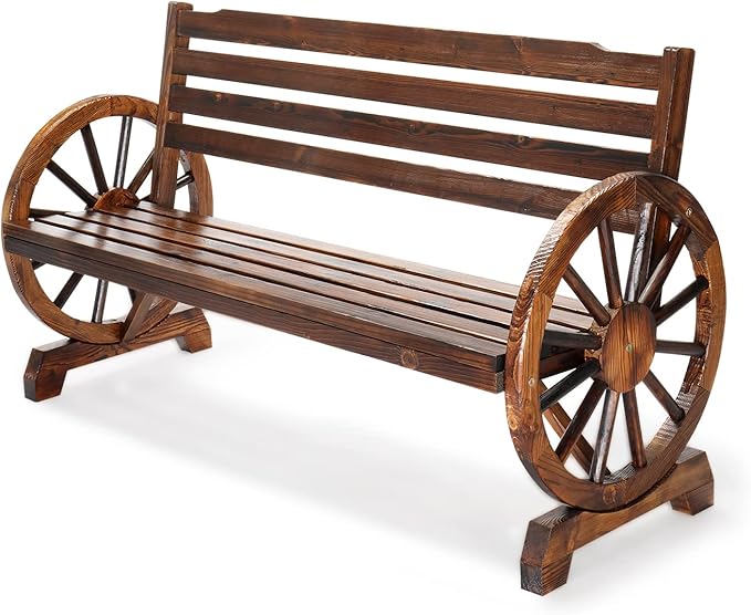 VINGLI Rustic Wooden Wheel Bench Outdoor Bench, Patio Bench Wagon Slatted Seat, Garden Benches for Outdoors 350lbs High Capacity, Weather Resistance (Rustic, 55in)