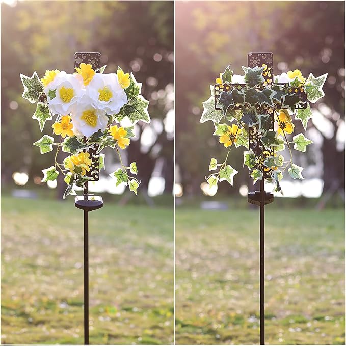 Starryfill Solar Memorial Cross Lights with 3 Flowers, LED Grave Maker, Waterproof Cemetery, 40.5 Inch High Remembrance Sympathy Gifts for Loved Ones