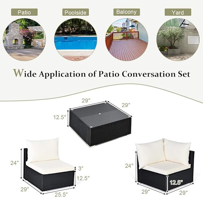 Tangkula 7-Piece Patio Furniture Set, Outdoor Sectional Sofa w/Pillows & Cushions, Wicker Conversation Set with Coffee Table & Tea Table for Garden & Lawn (Beige)