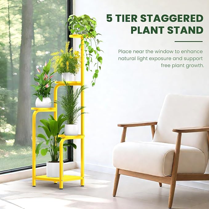 TOSKING 5 Tier Tall Plant Stand Indoor Outdoor, Heavy Duty Corner Shelf for Plants & Decor, Space Saving 3.9FT Metal Flower Pot Stand for Balcony, Garden, Living Room, Patio( Yellow, 5Tier SQ Base)